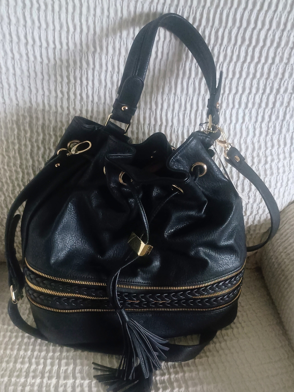 Big Buddha Black Drawstring Bucket Shoulder Bag with Tassel and Gold Hardware